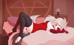 anthro bed bedroom bedroom_eyes biped black_clothing black_legwear black_stockings claws clothed clothed_anthro clothing collar detailed_background dress ear_piercing female fur furniture gloves grey_body grey_fur grey_hair hair handwear inside lamp legwear looking_at_viewer lying makeup multicolored_body multicolored_fur narrowed_eyes nightstand occult_symbol on_back panties pawpads paws pentagram piercing pillow purple_clothing purple_gloves purple_handwear red_clothing red_dress red_sclera seductive solo spiked_collar spikes stockings symbol tail two_tone_body two_tone_fur two_tone_tail under_covers underwear white_body white_eyes white_fur drawx helluva_boss mythology loona_(helluva_boss) canid canid_demon canine demon hellhound mammal mythological_canine mythological_creature