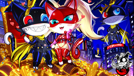 breasts city clothing duo female flirting flirting_look genitals glistening glistening_body glistening_breasts glistening_genitalia glistening_skin latex latex_clothing looking_pleasured male male/female short short_stack smug smug_grin transformation treasure treasure_chest zipper zipper_mouth ichimoral atlus megami_tensei megami_tensei_persona persona_(series) persona_5 sega ann_takamaki morgamma_(fusion) morgana_(persona) domestic_cat felid feline felis mammal tuxedo_cat absurd_res hi_res