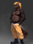 anthro belly biceps biped boots brown_body clothed clothing footwear fur hair hands_in_both_pockets looking_at_viewer male manly musclegut muscular muscular_anthro muscular_male navel pecs shoes simple_background slightly_chubby standing tail topless topless_male triceps yellow_eyes goatsubs ferik_(spicyracoonguy) canid canine canis coyote mammal 2023 digital_drawing_(artwork) digital_media_(artwork) hi_res