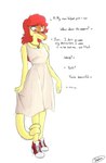 anthro blush clothing dialogue dress eyelashes female fingers footwear hair jewelry long_hair long_tail necklace red_eyes red_hair scales shoes simple_background sneakers snout solo tail tail_around_leg text white_background yellow_body yellow_scales kamaleon89 ratherdevious_(artist) third-party_edit cavemanon_studios snoot_game schizo_chan_(snoot_game) compsognathid compsognathus dinosaur prehistoric_species reptile scalie theropod 2024 absurd_res artist_name digital_drawing_(artwork) digital_media_(artwork) english_text hi_res watermark