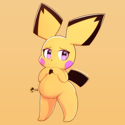 anthro belly big_belly biped black_markings black_nose dipstick_ears ear_markings eyebrows female fingers_together front_view fur genitals humanoid_genitalia humanoid_vulva index_to_index looking_at_viewer markings multicolored_ears navel nude pink_cheeks pink_eyes pregnant pregnant_female simple_background solo standing underage_pregnancy vulva yellow_body yellow_fur young young_anthro young_female pancakesbakecakes nintendo pokemon generation_2_pokemon pichu pokemon_(species) 1:1 absurd_res hi_res