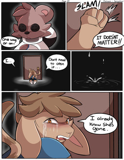 all_fours anthro bodily_fluids brown_body brown_fur brown_hair button_(fastener) button_eyes crying dialogue door duo fur hair hitting kneeling looking_back male plushie spacesuit tears tears_of_sadness text turning_around yelling young young_anthro young_male spicykiwi alex_(spicykiwi) animate_inanimate bear domestic_cat felid feline felis hybrid lagomorph leporid living_plushie mammal rabbit absurd_res comic english_text hi_res