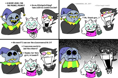 anthro clothing crystal dialogue eyewear fool's_hat freaking_out fur glasses group hat headgear headwear heterochromia holding_object horn jester joker_(playing_card) male one_eye_closed open_mouth prank puppet scarf sharp_teeth snickering speech_bubble static_background teeth text tongue tongue_out trio white_body white_fur olistar255 deltarune undertale_(series) jevil_(deltarune) ralsei spamton_g._spamton bovid caprine darkner digital_creature goat mammal 3:2 comic english_text