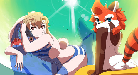 animal_pool_toy anthro band-aid band-aid_on_face bandage bandage_on_face bikini blonde_hair blue_eyes clothing duo female hair inflatable inflatable_ride inflatable_support lying lying_on_pool_toy on_front on_pool_toy one-piece_swimsuit outside pool_toy short_hair smile sun swimwear two-piece_swimsuit water cakewasgood ailurid inanimate_object lagomorph leporid mammal rabbit red_panda