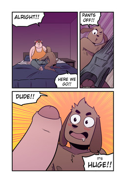 anthro backwards_baseball_cap backwards_hat barefoot baseball_cap bed bedroom big_penis blush bodily_fluids bottomwear clothed clothed/nude clothing dialogue drooling duo erection feet furniture genitals glans happy hat headgear headwear inside kneeling looking_at_genitalia looking_at_penis male male/male nightstand nude on_bed orange_clothing orange_shirt orange_topwear pants penis red_clothing red_hat red_headwear removing_pants saliva shirt sitting sitting_on_bed tail tank_top text three_frame_image topwear undressing_another t0l0k octavio_(t0l0k) roy_(t0l0k) canid canine canis domestic_dog domestic_pig mammal suid suine sus_(pig) comic english_text hi_res multiple_scenes