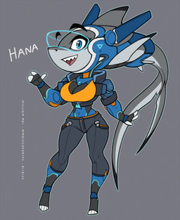 3_fingers anthro biped blue_eyes cybernetics eyebrows female fingers floating_eyebrows grey_background grey_body grey_skin looking_at_viewer machine open_mouth open_smile outline raised_eyebrows sharp_teeth simple_background smile smiling_at_viewer solo standing teeth text visor wmdiscovery93 hana_(wmdiscovery93) aquatic cyborg fish shark 2023 artist_name character_name dated hi_res