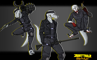 accessory action_pose anthro belt bfg bfg-50 black_clothing blood blood_in_mouth blood_on_face blood_on_hand bodily_fluids bulge clenched_teeth clothing gesture grey_body grey_scales gun hand_gesture harness headband jacket jumping jumpsuit leather leather_clothing leather_jacket leather_topwear male pointing pointing_at_viewer pose presenting ranged_weapon rifle_between_legs scales sitting smile solo standing tactical_gear teeth throwing_knife tongue tongue_out topwear weapon yellow_tongue zipper aptertheraptor madness_combat a16.rl dinosaur dromaeosaurid prehistoric_species reptile saurischian scalie theropod velociraptor absurd_res hi_res model_sheet