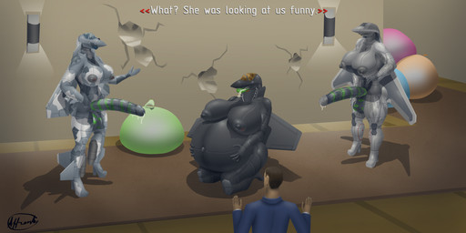 aircraft balls belly big_balls big_belly big_breasts big_penis black_body blue_clothing blue_suit bodily_fluids breasts c-70_hunter-b_ucav camo camo_print clothing condom condom_in_mouth cracked_wall cum cum_ballooning cum_drip cum_inflation cum_inside dialogue dripping excessive_cum excessive_genital_fluids eyeless female filled_condom genital_fluids genitals green_lipstick grey_body group gynomorph hair hand_on_belly hand_on_hip huge_balls huge_belly huge_breasts huge_penis hyper hyper_belly inflation inside intersex intersex/female kiss_mark kiss_mark_on_balls kneeling lips lipstick lipstick_on_penis machine makeup male mouth_hold multicolored_body navel neck_bulge nipples object_in_mouth outie_navel penis sexual_barrier_device short_hair standing su-57 suit text thick_lips thick_thighs trio_focus two_tone_body vehicle wall_lamp wings affront f-35 aircraft_humanoid human humanoid living_aircraft living_machine living_vehicle mammal hi_res signature