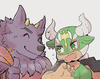 anthro bodily_fluids chibi duo eyes_closed fur gesture hand_gesture horn male mask purple_body purple_fur smile sweat thumbs_up wrestler igarashi_ta lifewonders tokyo_afterschool_summoners bathym_(tas) taurus_mask_(tas) canid canine canis demon human mammal wolf