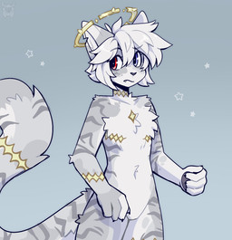 4_fingers anthro arm_markings blue_eyes chest_markings dipstick_ears ear_markings fangs fingers fur golden_markings hair halo heterochromia leg_markings male markings multicolored_body multicolored_ears multicolored_fur multicolored_tail neck_markings red_eyes small_fangs solo tail tail_markings teeth thigh_markings white_body white_ear_tips white_fur white_hair fleurfurr azrael_(wulfypaws) ambiguous_species 2025 hi_res