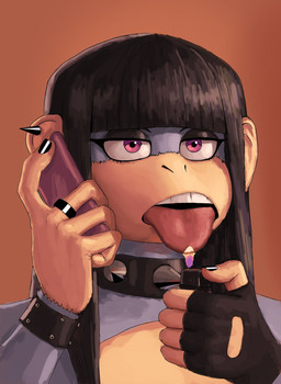 5_fingers alternative_fashion anthro bangs black_hair black_nails bracelet cellphone clothing colored_nails ear_piercing electronics eyeshadow female fingerless_gloves fingers fire fur gloves goth grey_body grey_fur hair handwear holding_object holding_phone jewelry lighter makeup nails on_phone phone piercing purple_eyes simple_background smartphone solo studded_bracelet studded_jewelry studs tongue tongue_out redustheriotact jennifer's_body beth_(redustheriotact) haplorhine mammal monkey primate 2022 hi_res