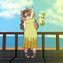 anthro beach boardwalk brown_hair clothing dress duo eyes_closed facing_forward feathers featureless_feet featureless_hands feet female flying footwear fur hair light long_hair one_eye_closed open_mouth sandals shoes summer sundress sunlight tickling tickling_armpits white_body white_fur wings ticklebunny shea_(ticklebunny) canid canine canis domestic_dog lagomorph leporid mammal rabbit 1:1 hi_res