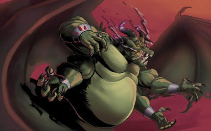 4_arms anthro belly big_belly green_body horn male multi_arm multi_limb musclegut muscular muscular_male sharp_teeth solo teeth wings yellow_eyes dekuinthelake mythology demon dragon mythological_creature mythological_scalie reptile scalie