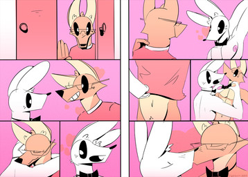 anthro blush bow_(feature) bow_tie clothing duo eyewear fur glasses heart_symbol holidays hug kissing looking_at_viewer male male/male nude open_mouth simple_background smile undressing tigertooth valentine's_day canid canine canis hare lagomorph leporid mammal wolf 2019 comic digital_media_(artwork) hi_res