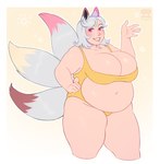 anthro belly big_belly big_breasts breasts clothing female fur hair long_hair multi_tail navel obese one-piece_swimsuit overweight overweight_female red_eyes simple_background smile solo swimwear tail white_body white_fur white_hair yellow_clothing valerayu animal_humanoid canid canid_humanoid canine canine_humanoid fox_humanoid humanoid mammal mammal_humanoid 2024 hi_res