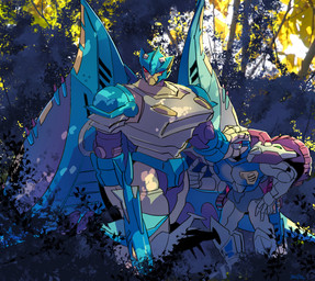 duo forest grass machine muscular not_furry open_mouth outside plant red_eyes size_difference standing tree weapon sandlake hasbro takara_tomy transformers transformers:_beast_wars depth_charge rattrap aquatic cybertronian fish humanoid mammal maximal murid murine rat ray_(fish) robot rodent stingray digital_media_(artwork) hi_res