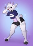 anthro antlers bottomwear clothing crop_top facial_piercing femboy fur hooves horn jewelry looking_at_viewer male necklace nose_piercing nose_ring piercing pose ring_piercing shirt shorts solo thick_thighs topwear white_body white_fur rioluaural moredeer deer mammal absurd_res hi_res