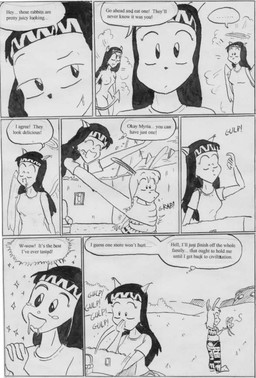 accessory anthro black_hair bodily_fluids clothed clothed_female clothing conscience drooling female female_pred fully_inside group hair headband navel neck_bulge nipples nude open_mouth oral_vore outside saliva shirt speech_bubble swallowing tail text topwear trio vore s.sakurai angel demon felid lagomorph mammal comic monochrome traditional_media_(artwork)