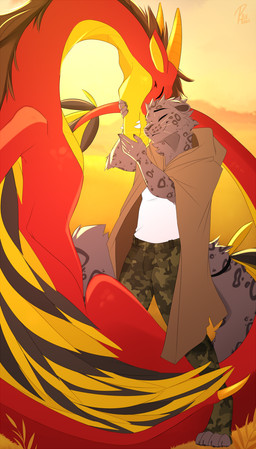 ambiguous_gender anthro claws cloak clothing duo eyes_closed feral fluffy fluffy_tail grass hair horn plant sitting size_difference smile standing tail whiskers wings wolflady european_mythology mythology dragon felid mammal mythological_creature mythological_scalie pantherine scalie snow_leopard western_dragon wyvern hi_res