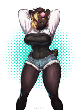 abs amber_eyes anthro big_breasts biped black_body black_fur black_hair bottomwear breasts button_(fastener) clothing curvy_figure denim denim_bottomwear denim_clothing denim_shorts eyewear eyewear_on_head fangs female fur glasses hair hair_over_eye hands_behind_head highleg hotpants jacket_over_leotard leotard leotard_under_clothing leotard_under_shorts melanistic muscular muscular_anthro muscular_female one_eye_obstructed pattern_background short_hair short_tail shorts simple_background solo standing sunglasses sunglasses_on_head tail teeth thick_thighs tight_clothing tinted_eyewear tinted_glasses voluptuous voluptuous_anthro voluptuous_female wide_hips yellow_eyes zipper pgm300 selena_(baelfire117) felid mammal prehistoric_species saber-toothed_tiger 2021 absurd_res digital_media_(artwork) hi_res portrait shaded signature three-quarter_portrait