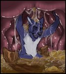 anthro anthro_prey black_markings black_nose blue_body blue_fur bodily_fluids dirty eyes_closed fangs food front_view fur inside_stomach male male_prey markings nude open_mouth solo stomach_acid teeth vore white_body white_fur acidic canid canine mammal