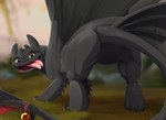 blurred_background butt featureless_crotch feral green_eyes looking_back male no_teeth open_mouth outside rear_view smile solo standing tail tongue tongue_out wings nummynumz dreamworks european_mythology how_to_train_your_dragon mythology toothless dragon fury_(httyd) mythological_creature mythological_scalie night_fury scalie western_dragon hi_res tagme watermark