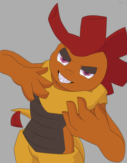 4_fingers anthro fingers hair male orange_body pink_eyes red_hair sharp_teeth smile smiling_at_viewer solo tail teeth white_sclera jordangtxle nintendo pokemon generation_5_pokemon pokemon_(species) scrafty 2025 absurd_res cel_shading hi_res shaded