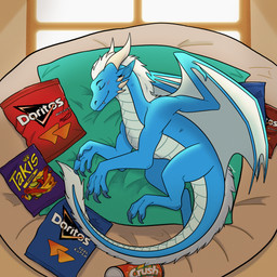 blue_body blue_scales blush chips_(food) claws cool_ranch ears_back female feral food hair horn hot_nacho mane pillow pivoted_ears scales size_difference sleeping smaller_female snack solo young dr_acotiel crush_(soda) doritos frito-lay mythology takis sapphire_(itsxanderfox) dragon mythological_creature mythological_scalie scalie 1:1 absurd_res hi_res