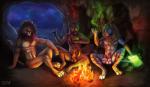 anthro balls campfire cave detailed_background erection fire fur group magic male mane night nude penis sitting sky smile star starry_sky fuzzymaro canid canine canis felid lion mammal pantherine wolf digital_media_(artwork)