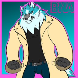 angry anthro belt black_clothing black_shirt black_topwear blue_background blue_body blue_eyes blue_fur border bottomwear claws clothed clothing coat denim denim_bottomwear denim_clothing fist front_view frown fur gloves growling handwear jeans logo male muscular muscular_anthro muscular_male neck_tuft outline pants pink_border pink_outline sharp_teeth shirt simple_background snarling solo standing tail teeth topwear trenchcoat tuft white_body white_fur grizzlykubz brand_new_animal studio_trigger shirou_ogami canid canine canis mammal wolf 1:1 2026 digital_drawing_(artwork) digital_media_(artwork) hi_res portrait three-quarter_portrait