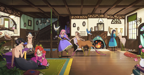 animal_ears black_hair breasts casual_nudity clothed clothed_female clothed_human clothing dress featureless_breasts female fireplace fully_clothed fully_clothed_female fully_clothed_human furniture group hair inside light_body light_skin nail_polish_(object) nude_taur painting_hooves painting_nails pink_clothing pink_dress red_hair stairs table teapot carol_caocao european_mythology greek_mythology mythology centaur equid equid_taur human humanoid_taur mammal mammal_taur taur hi_res