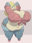 anthro areola areola_slip big_breasts blonde_hair bottomwear breasts clothed clothing denim denim_bottomwear denim_clothing denim_shorts eyeshadow eyewear female footwear freckles glasses hair high_heels huge_breasts lipstick makeup markings mole_(marking) overweight shoes shorts solo mcnasty nintendo pokemon generation_1_pokemon pokemon_(species) snorlax hi_res