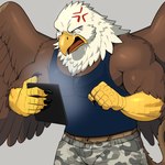 5_fingers angry anthro avian_arms beak biped bloodshot_eyes bodily_fluids bottomwear brown_body brown_fur brown_tail brown_wings camo camo_bottomwear camo_clothing camo_pants camo_print clothed clothing crop_top cross-popping_vein crying feathers feet fingers fist front_view fully_clothed fur grey_background holding_tablet male midriff navel open_beak open_mouth pants pattern_bottomwear pattern_clothing pattern_pants pecs politics shirt simple_background solo spread_wings standing tablet tail talons tears toes tongue topwear upset white_body white_feathers wings yellow_beak skyskater minotaur_hotel mythology luke_(minotaur_hotel) avian gryphon mythological_avian mythological_creature 2025 digital_drawing_(artwork) digital_media_(artwork) hi_res