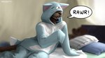 anthro bed biped brown_body brown_fur clothing costume dialogue fur furniture inside kigurumi male on_bed onesie open_mouth solo speech_bubble text tongue whiskers geewolf elliotttheotter mammal mustelid otter 16:9 2021 english_text hi_res widescreen