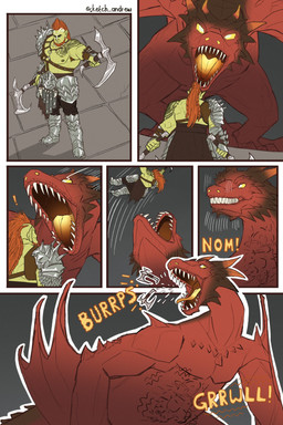 abdominal_bulge burping burping_up_object duo fangs feral feral_pred green_body green_skin hair humanoid_prey long_tongue male monster_pred neck_bulge open_mouth oral_vore red_body red_hair sharp_teeth size_difference teeth text tongue vore wings sketch_andrew mythology raid:_shadow_legends dragon humanoid mythological_creature mythological_scalie orc scalie comic hi_res