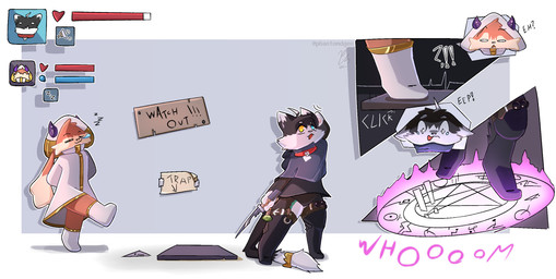 ambiguous_gender anthro biped black_body black_fur cleric clothed clothing collar costume dagger dialogue distracted distraction duo fur gameplay_mechanics gui healer_outfit health_bar heterochromia horn magic melee_weapon onomatopoeia open_mouth rpg_dungeon simple_background smile sound_effects status_effect tail text thief_outfit tired weapon phantomdgen domestic_cat felid feline felis lagomorph leporid mammal rabbit colored comic digital_drawing_(artwork) digital_media_(artwork) english_text hi_res shaded