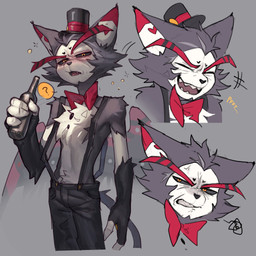anthro biped clothed clothing drunk hat headgear headwear looking_at_viewer male mature_anthro mature_male slim_anthro slim_male solo substance_intoxication suspenders tail shinigamiyx hazbin_hotel hellaverse husk_(hazbin_hotel) domestic_cat felid feline felis mammal 1:1 2024 hi_res
