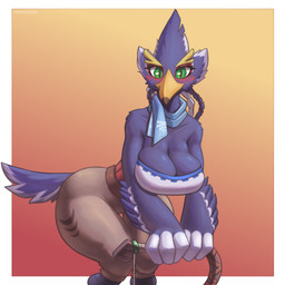 anthro beak bent_over big_breasts blush bow_(weapon) breasts cleavage clothed clothing crossgender female green_eyes holding_object holding_weapon mtf_crossgender non-mammal_breasts pupils ranged_weapon scarf simple_background slit_pupils solo weapon cooliehigh breath_of_the_wild nintendo the_legend_of_zelda revali avian bird rito 1:1 hi_res