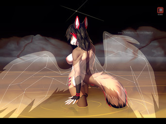 abstract_background anthro big_tail black_hair breasts brown_body butt claws eyes_closed fantasy female hair magic markings nude rear_view red_markings solo tail wings rexwind canid canine fox mammal