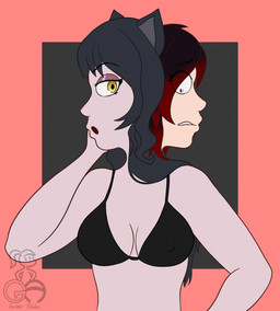 artist_watermark bikini black_hair breasts cleavage clothed clothing conjoined conjoined_at_head duo female freaking_out hair highlights_(coloring) nipple_outline open_mouth red_highlights simple_background swimwear two-piece_swimsuit yellow_eyes quickswift rooster_teeth rwby blake_belladonna ruby_rose animal_humanoid cat_humanoid faunus felid felid_humanoid feline feline_humanoid human humanoid mammal mammal_humanoid 2022 digital_drawing_(artwork) digital_media_(artwork) english_description hi_res signature watermark