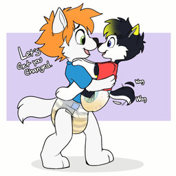anthro black_body black_fur black_hair blue_clothing blue_eyes blue_shirt blue_topwear bodily_fluids carrying_another carrying_baby clothed clothing dialogue diaper dipstick_ears dipstick_hair duo ear_markings eye_contact fur genital_fluids green_eyes hair looking_at_another male markings multicolored_body multicolored_ears multicolored_fur neonate nuzzling open_mouth open_smile orange_hair pantsless red_clothing red_shirt red_topwear sagging_diaper shirt side_view smile tail tail_motion tailwag toddler tongue topwear two_tone_body two_tone_fur unclean_diaper urine used_diaper walking wet_diaper white_body white_fur young baltnwolf rebel_(s_c_rebel) snackie canid canine canis domestic_dog husky mammal nordic_sled_dog spitz wolf 1:1 hi_res