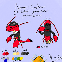 ace_of_clubs ace_of_hearts ambiguous_gender bullet_hole card clothing emanata fedora fin hat headgear headwear necktie patched_clothing pincers playing_card suit suit_jacket tail tail_fin mobsterlobster lober_(mobsterlobster) arthropod crustacean decapod lobster malacostracan marine model_sheet