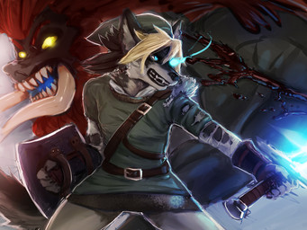 alternate_species anthro anthrofied blonde_hair blood blue_eyes bodily_fluids clothed clothing duo furrification glowing glowing_eyes hair holding_melee_weapon holding_object holding_shield holding_sword holding_weapon male melee_weapon open_mouth shield shirt sword topwear torn_clothing tunic tusks weapon general-irrelevant nintendo the_legend_of_zelda twilight_princess ganon link_(wolf_form) canid canine canis mammal suid suine wolf 4:3 digital_media_(artwork)
