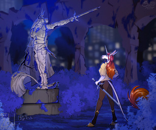 alacorna anthro equis_universe female horn male melee_weapon night park sculpture solo square statue sword town weapon sunny_way mythology kelesta equid equine mammal mythological_creature mythological_equine unicorn hi_res