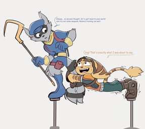 anthro belt boots clothing dialogue eyebrows footwear gloves grey_body handwear hat headgear headwear holding_tail male motion_lines open_mouth shoes solo staff standing striped_body stripes tail text yellow_body time_fluffy500 ratchet_and_clank sly_cooper_(series) sony_corporation sony_interactive_entertainment sucker_punch_productions ratchet_(ratchet_and_clank) sly_cooper lombax mammal procyonid raccoon 2026 english_text hi_res