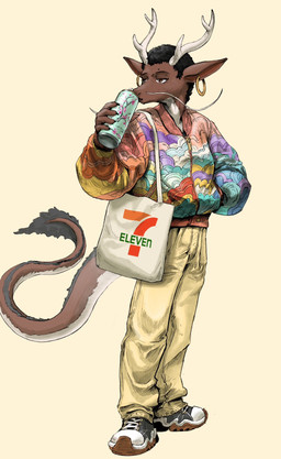 afro ambiguous_gender anthro antlers biped black_hair bored bottomwear brown_body clothing ear_piercing footwear fur hair horn natural_hair pants piercing puffy_jacket shoes sneakers solo standing whiskers yellow_bottomwear yellow_clothing yellow_pants sinzer 7-eleven arizona_iced_tea mythology erica_(vhsdragoness) dragon eastern_dragon furred_dragon furred_scalie mythological_creature mythological_scalie scalie alternate_version_at_source colorful_theme hi_res female_(lore)
