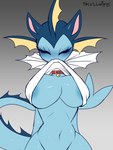 anthro areola bell bell_collar big_breasts blue_areola blue_body blush breasts collar eyes_closed female navel rib_cage shirt_in_mouth slim small_waist solo tail skullwife nintendo pokemon eeveelution generation_1_pokemon mammal pokemon_(species) vaporeon 3:4 hi_res