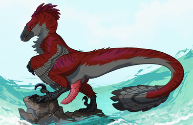 animal_genitalia anus black_claws claws erection feathers feral genital_slit genitals grey_body grey_feathers grin looking_at_viewer male male_feral orange_sclera penis pink_penis red_body red_eyes red_feathers rock sharp_teeth smile solo tail teeth water wave owishka detox_(detoxtheraptor) dakotaraptor dinosaur dromaeosaurid prehistoric_species reptile saurischian scalie theropod hi_res