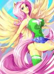 abstract_background anthro anthrofied blue_eyes bottomwear butt clothed clothing cutie_mark feathered_wings feathers female hair hand_behind_head legwear long_hair looking_at_viewer miniskirt pink_hair semi-anthro simple_background skirt solo thigh_highs wings yellow_body yellow_feathers yellow_skin xdtopsu01 friendship_is_magic hasbro my_little_pony mythology fluttershy_(mlp) equid equine mammal mythological_creature mythological_equine pegasus 2015 absurd_res hi_res