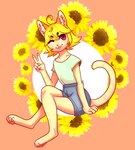 anthro blonde_hair bottomwear clothing female flower hair looking_at_viewer one_eye_closed pawpads plant shirt shorts sitting smile solo sunflower topwear wink runelocks domestic_cat felid feline felis mammal